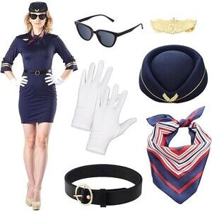 7 Pcs Flight Attendant/Stewardess Costume for Women w/ Hat Gloves & Accessories